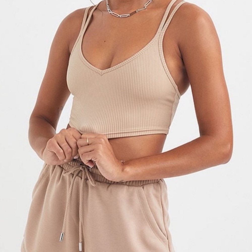 For Love and Lemons Multi Strap Ribbed Nude Crop Top